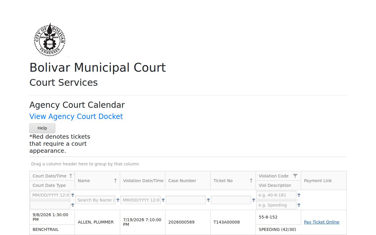 Hardeman County court schedule on the Bolivar calendar