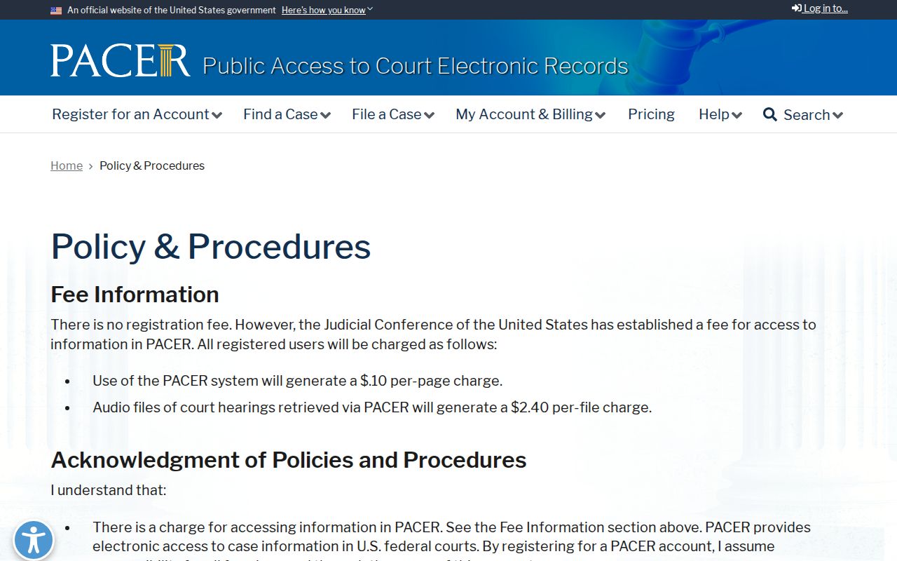 PACER policy page for federal records