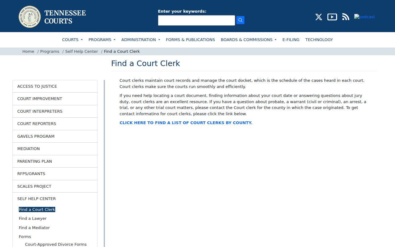 Tennessee clerk finder for the Hardeman County court docket