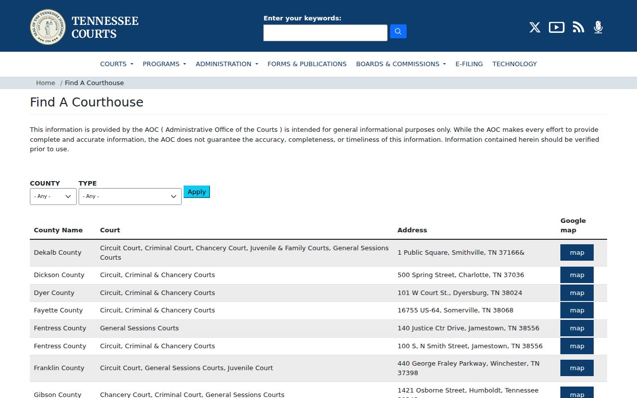 AOC courthouse directory for Hardeman County court docket locations