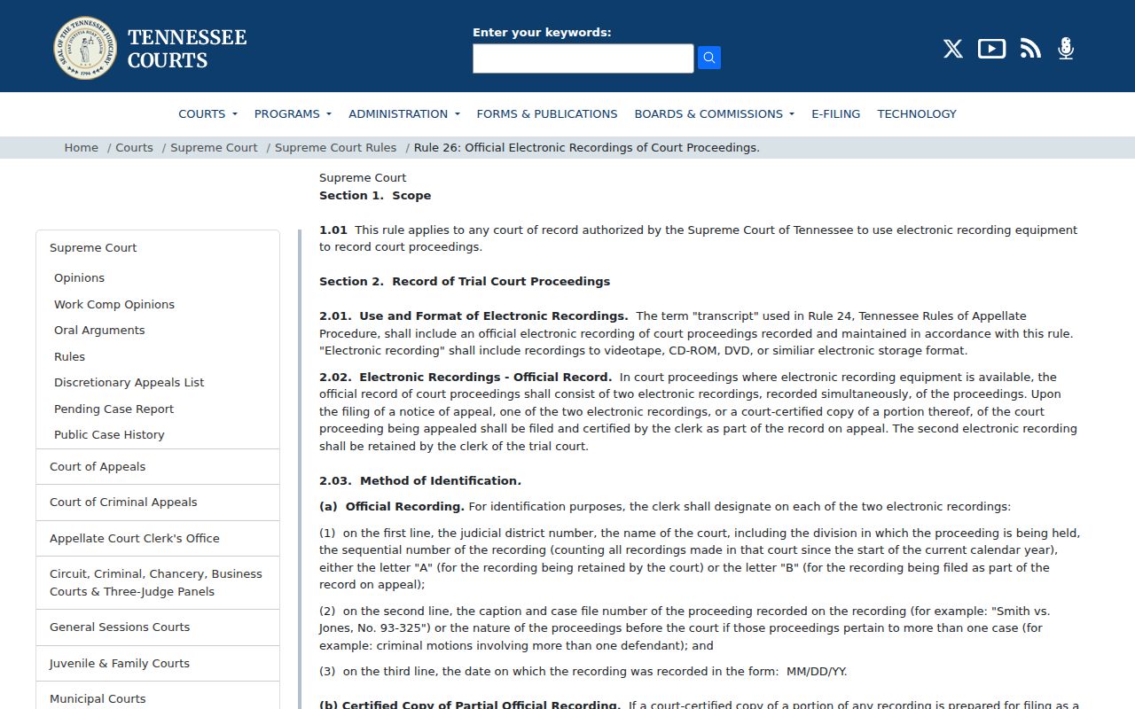Tennessee Rule 26 official electronic recording requirements
