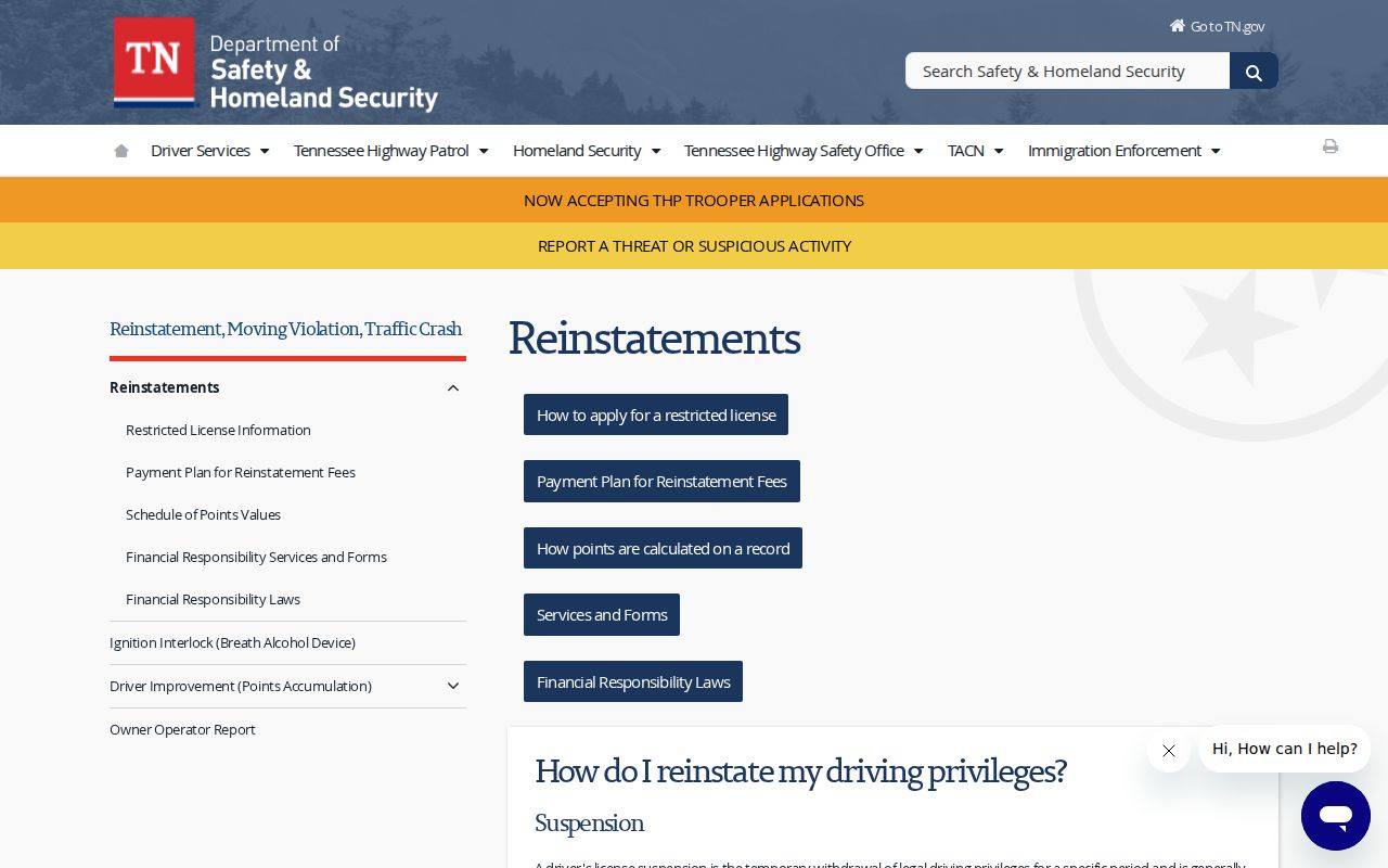 Hardeman County traffic court records Tennessee reinstatement guidance