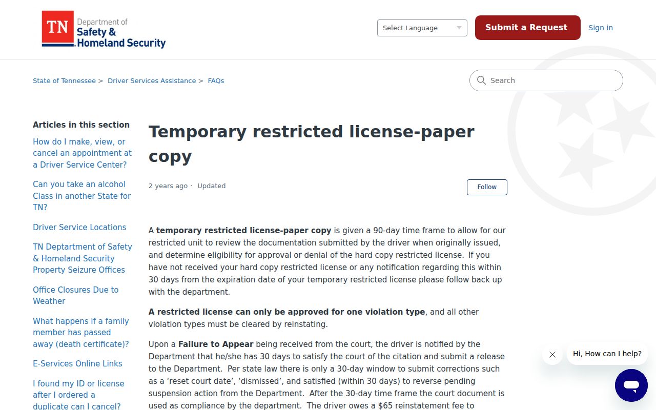 Hardeman County traffic court records restricted license guidance