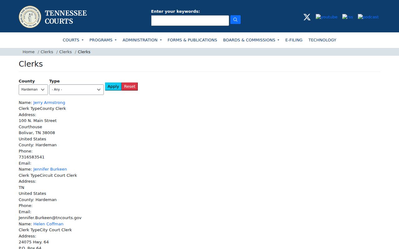 Tennessee AOC Hardeman clerk directory